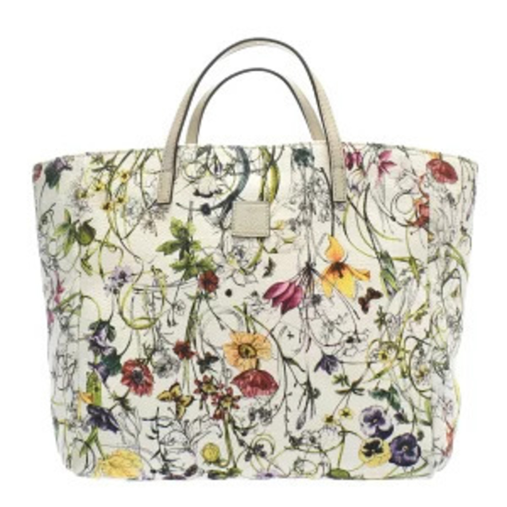 Gucci Floral Flower Handbag White Multicolor Canvas Leather Tote Bag